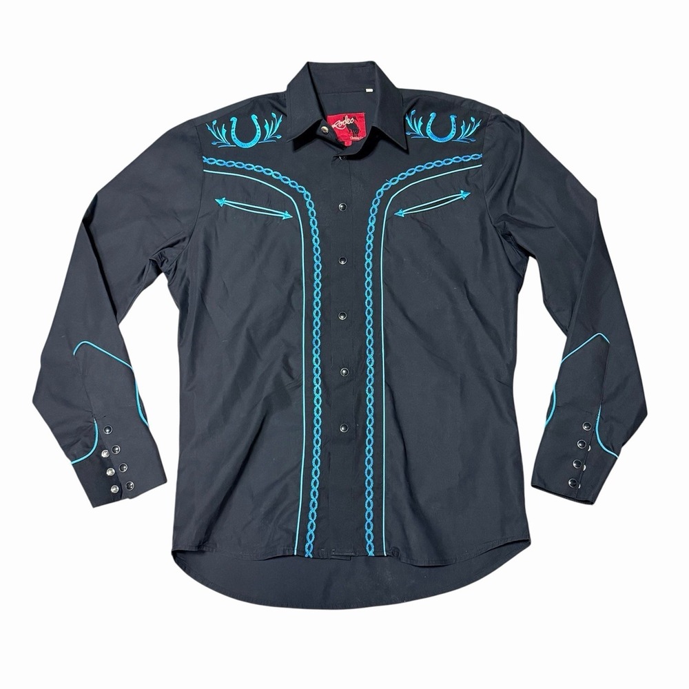 Vintage Rodeo Company Black Blue Embroidered Western Pearl Snap Shirt‎ LS Sz S